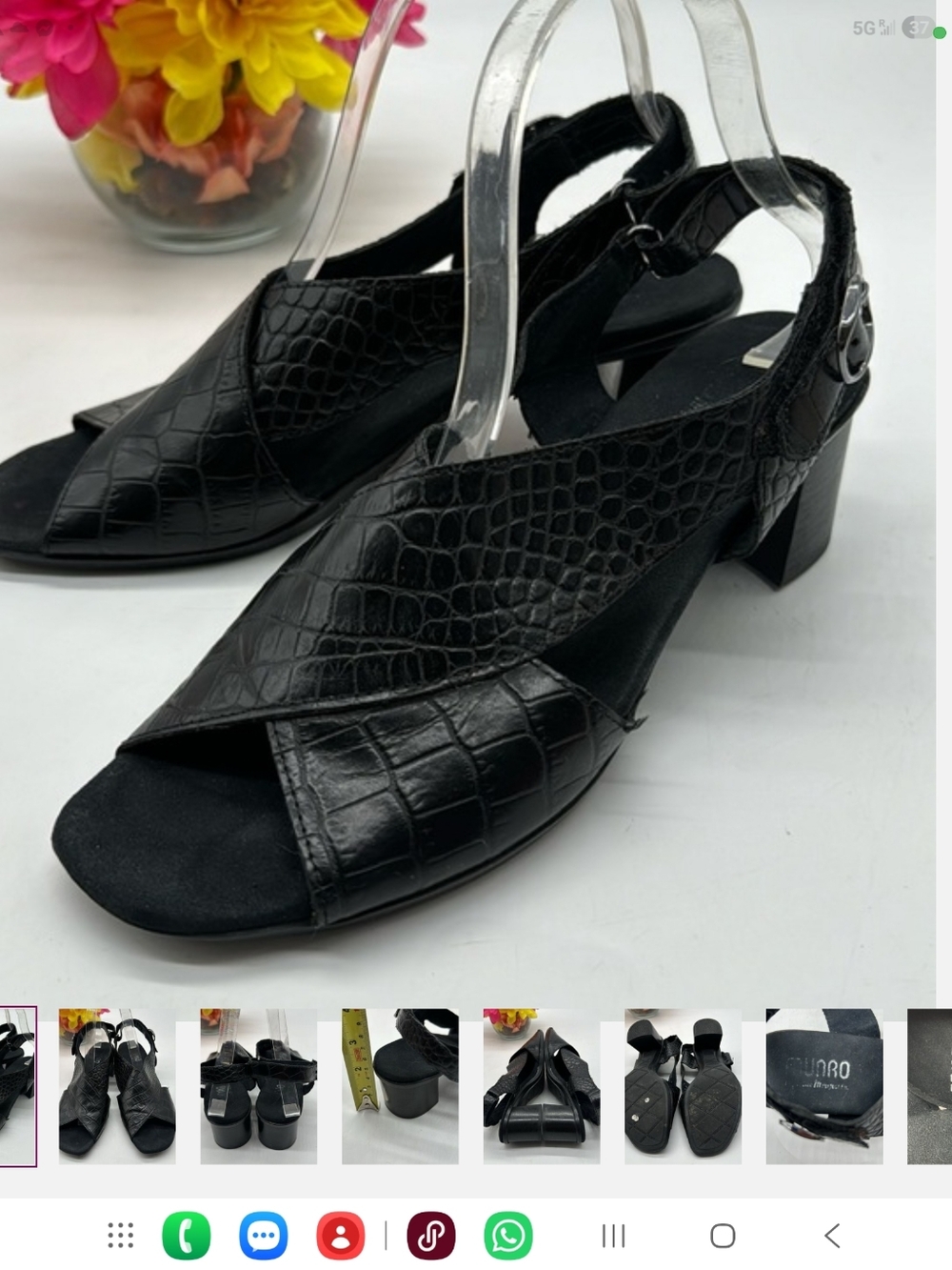 Munro Laine Criss Cross Croc Embossed Leather Block Heel Sandals Black 8.5N NEW